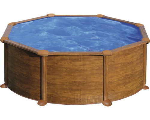 Ensemble de piscine hors sol à paroi en acier Gre ronde Ø 320x132 cm avec groupe de filtration à sable, skimmer, échelle, sable de filtration et intissé de protection du sol aspect bois
