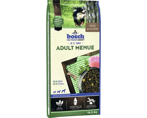 Croquettes pour chien Bosch Adult Menü 15 kg Aliment sec pour chiens Bosch Adult Menu, convient à partir du douzième mois, 15 kilogrammes