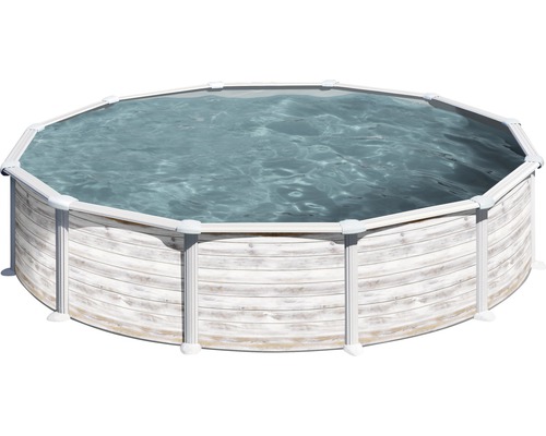 Ensemble de piscine hors sol à paroi en acier Gre ronde Ø 570x132 cm avec groupe de filtration à sable, skimmer, échelle, sable de filtration et intissé de protection du sol blanc
