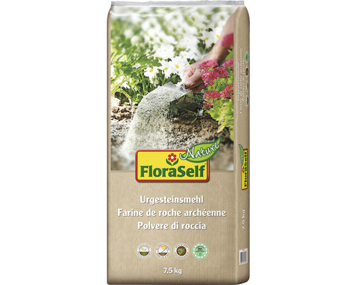 Poudre de roche FloraSelf Nature 7,5 kg grain grossier FloraSelf farine de roche primordiale en emballage de 7,5 kilogrammes
