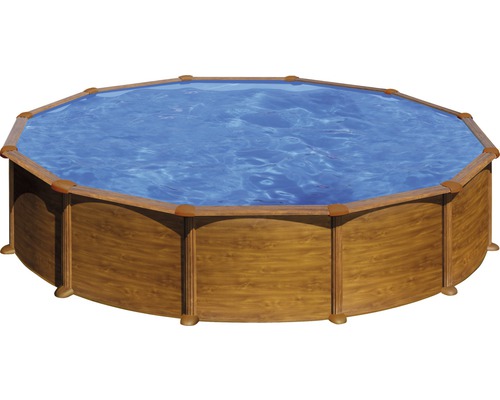 Ensemble de piscine hors sol à paroi en acier Gre ronde Ø 570x132 cm avec groupe de filtration à sable, skimmer, échelle, sable de filtration et intissé de protection du sol aspect bois