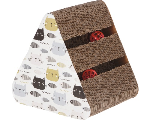 Planche à griffer Boon avec sachet d’herbe à chat séparé 26x22x26 cm Arbre à chat triangulaire avec motifs de chat et deux balles