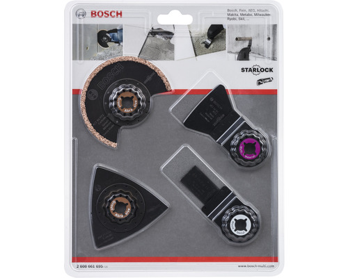 Bosch Starlock Zubehör Set mit verschiedenen Sägeblättern und Schleifplatten in Verpackung
