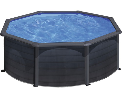 Ensemble de piscine hors sol à paroi en acier Gre ronde Ø 320x122 cm avec groupe de filtration à sable, skimmer, échelle et sable de filtration gris-0