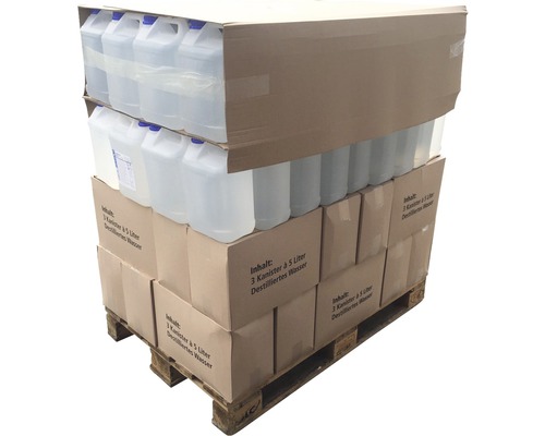 Palette Destilliertes Wasser mit 144 x 5 Liter Kanister (720 Liter