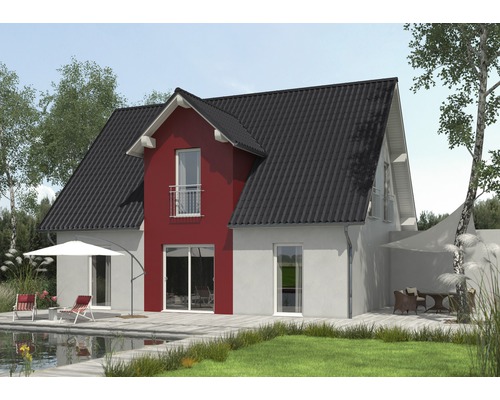 Ein modernes Einfamilienhaus mit dunklem Dach, Terrasse und Garten.