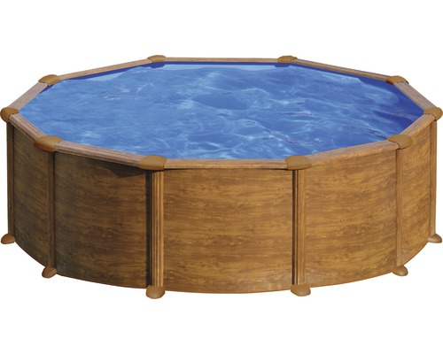 Ensemble de piscine hors sol à paroi en acier Gre ronde Ø 480x132 cm avec groupe de filtration à sable, skimmer, échelle, sable de filtration et intissé de protection du sol aspect bois