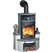 Poêle à bois avec compartiment à bois et feu qui brûle