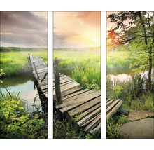 Image murale en plusieurs parties avec un pont en bois sur une rivière dans un paysage