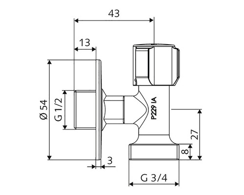 Schéma technique d''un robinet d''arrêt d''angle avec indication des dimensions
