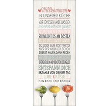 Panneau de cuisine décoratif avec texte en allemand et légumes sur fourchettes