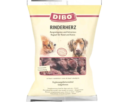 Dibo cœur de bœuf, ragoût équilibré et pauvre en matières grasses pour chiens et chats dans un emballage.