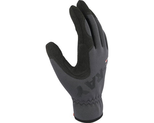 Ein einzelner grauer und schwarzer Arbeitshandschuh.