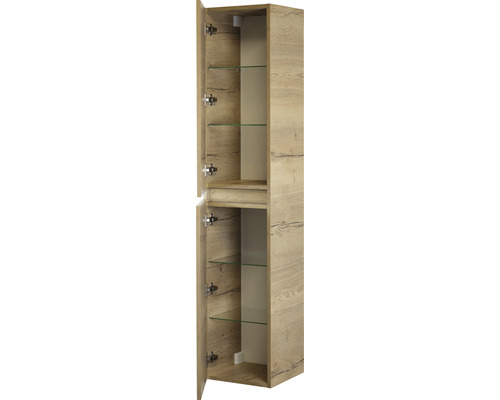 Armoire haute avec étagères en verre en position ouverte