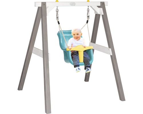 Babyschaukel mit Holzgestell und Kind