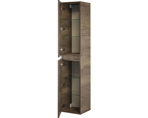 Armoire haute de salle de bains avec étagères en verre et porte