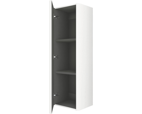 Meuble haut blanc avec porte ouverte et étagères