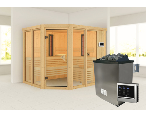 Sauna modulaire Karibu Avara avec poêle 9 kW et commande externe, sans couronne, avec porte entièrement vitrée couleur bronze