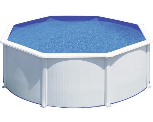 Ensemble piscine hors sol à paroi en acier Gre rond Ø 320x122 cm avec groupe de filtration à sable, skimmer, échelle et sable de filtration blanc