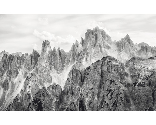 Papier peint panoramique intissé 6008A-VD4 Infinity Peaks 4 pces 400 x 250 cm Photo en noir et blanc de pics montagneux sous un ciel nuageux