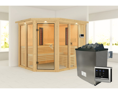 Sauna modulaire Karibu Avara avec poêle 9 kW et commande externe, avec couronne et porte entièrement vitrée couleur bronze