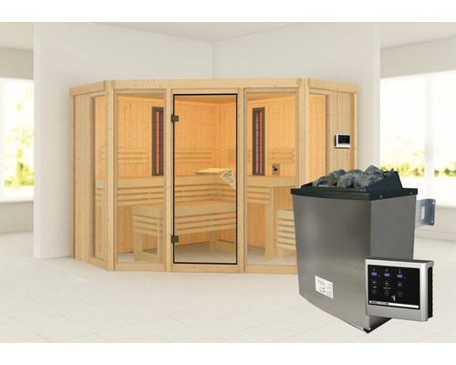 Sauna modulaire Karibu Astaria avec poêle 9 kW et commande externe, sans couronne, avec porte entièrement vitrée couleur bronze