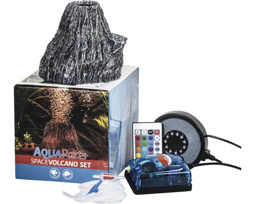 Décoration d'aquarium AquaParts Space Vulcano set avec LED Magic Bubble et pompe à air 16,5 x 16,5 x 20 cm