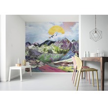 Pièce à vivre avec papier peint photo paysage de montagne et salle à manger