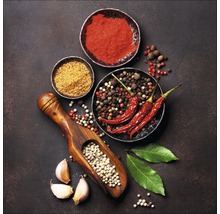 Arrangement de diverses épices et herbes, dont des piments, du poivre et des gousses d''ail