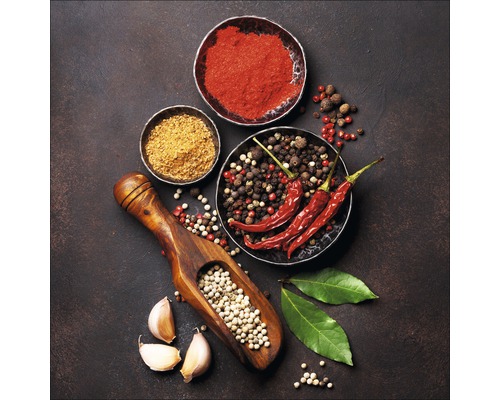 Arrangement de diverses épices et herbes, dont des piments, du poivre et des gousses d''ail