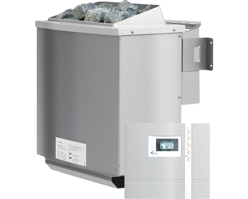 Poêle de sauna avec pierres et panneau de commande