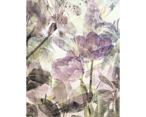 Papier peint panoramique intissé 6026B-VD2 Metropical Faded 2 pces 200 x 250 cm Motif graphique avec des fleurs, des palmiers et des éléments urbains