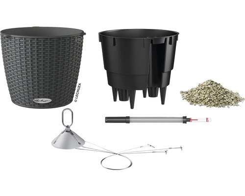Composants pour jardinières Lechuza : jardinière, pot intérieur, substrat, indicateur de niveau d’eau, suspension