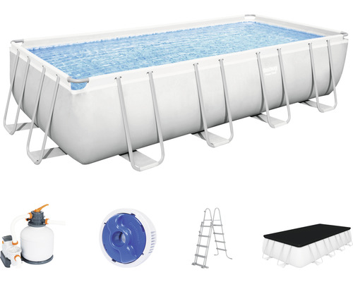 Kit de piscine hors sol tubulaire Bestway Power Steel™ rectangulaire 549 x 274 x 122 cm avec groupe de filtration à sable, doseur de produits chimiques ChemConnect, échelle et bâche de protection gris