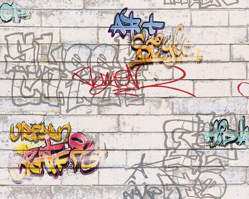 Papier peint avec motif graffiti sur un mur de briques