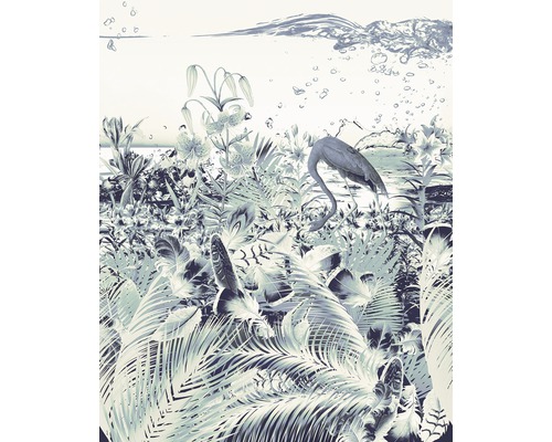 Papier peint panoramique intissé 6031D-VD2 Fantasia Cool 2 pces 200 x 250 cm Illustration avec plantes, plumes, un flamant rose et des bulles sous-marines