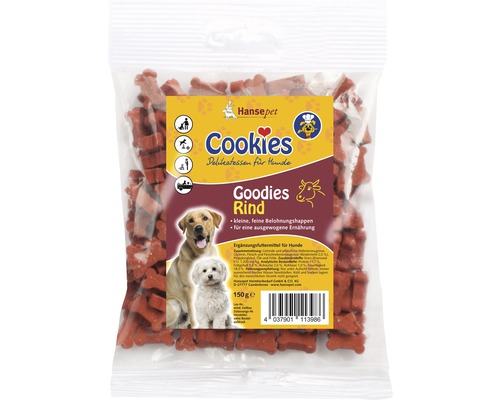 Friandises pour chiens Cookies Goodies bœuf 150 g Hansepet Cookies friandises au bœuf dans un sachet de 150 grammes, aliment pour chiens