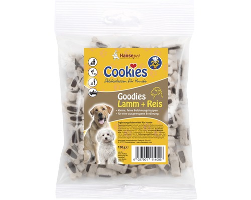 Friandises pour chiens Cookies Goodies agneau 150 g Hansepet Cookies Délices pour chiens Goodies Agneau et Riz dans un paquet de 150 grammes