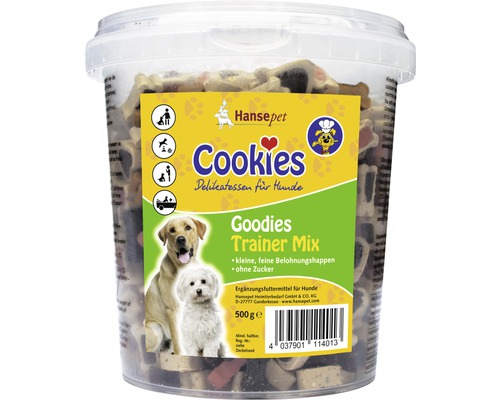 Friandises pour chiens Cookies Goodies Trainer Mix, 500 g Biscuits pour chiens Hansepet dans un récipient transparent, saveur Trainer Mix