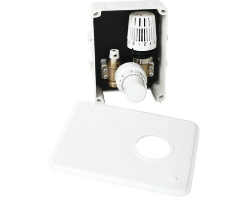 Thermostat Veria AquaMat RTL et vanne de thermostat ambiant dans boîtier encastré Distributeur de circuit de chauffage dans un boîtier de distribution avec vanne thermostatique