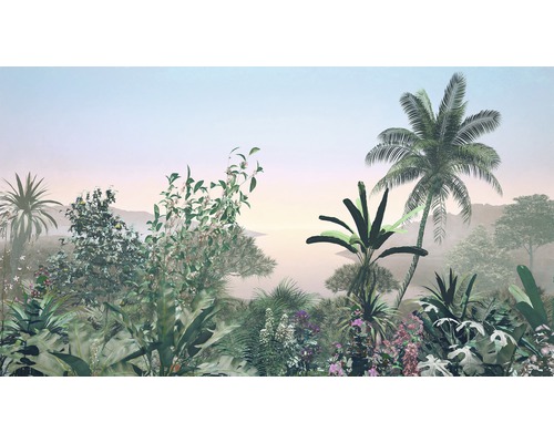 Papier peint panoramique intissé HX10-001 Hx10-001 Matin 10 pces 500 x 280 cm Illustration d''un paysage tropical avec diverses plantes et arbres