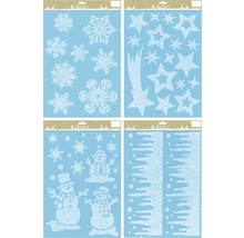 Différentes planches d''autocollants avec des motifs hivernaux tels que des flocons de neige, des étoiles et des bonhommes de neige