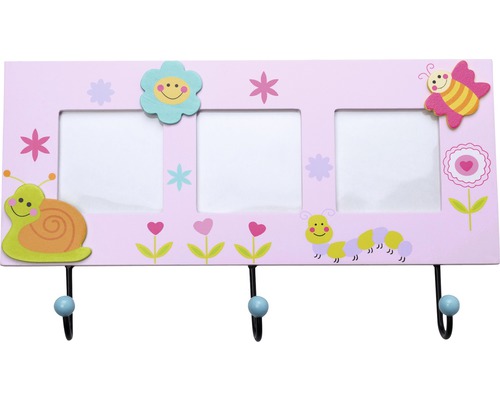 Kinder-Garderobenleiste Fotorahmen 3 Haken Holz/Metall rosa LxBxH 325/185/32 mm Dekorativer Schlüsselkasten mit drei Fächern, Haken und kindlichen Motiven