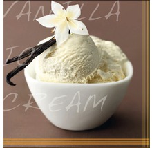 Vanilleeis in einer weißen Schale mit Vanilleschote und Blüte