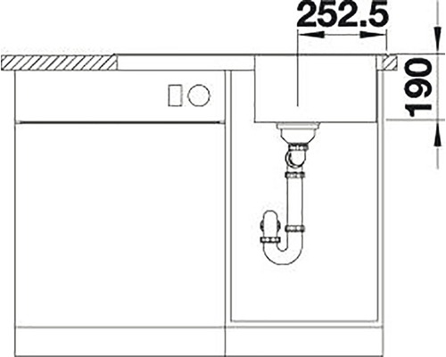 Dessin d''un évier de cuisine avec des dimensions de 252,5 et 190