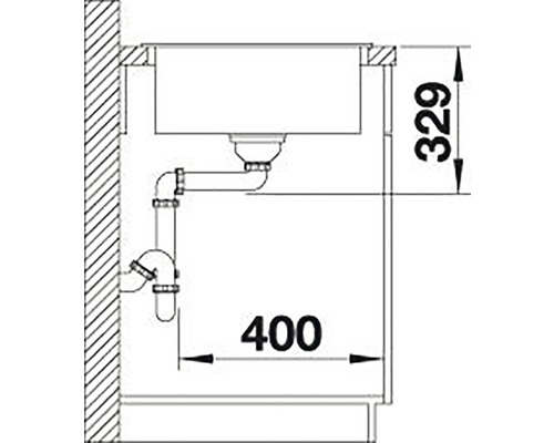 Schéma technique d''un évier avec les dimensions 329 et 400.