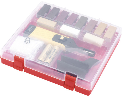 Möbelreparaturset in rotem Kasten mit verschiedenen Reparaturwerkzeugen