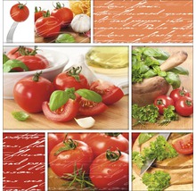 Collage présentant différentes vues de tomates, d''ail et d''herbes aromatiques