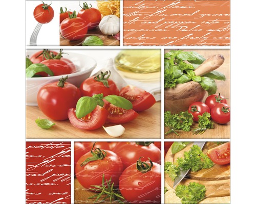 Collage présentant différentes vues de tomates, d''ail et d''herbes aromatiques