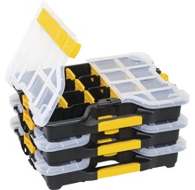 Pile de quatre boîtes d''assortiment avec compartiments et couvercles transparents